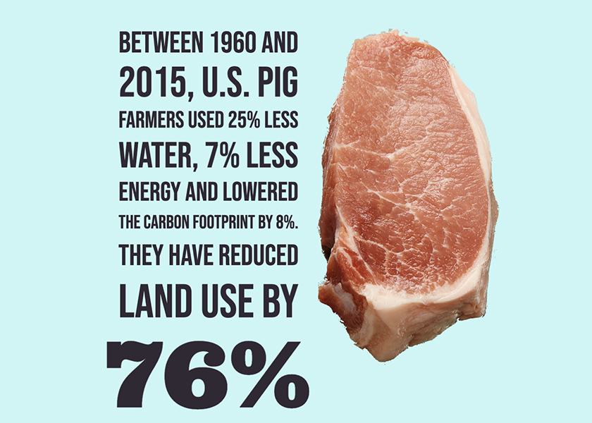   From 1960 to 2015, pig farmers in the U.S. used 75.9% less land, 25.1% less water, 7% less energy and have a 7.7% lower carbon footprint.