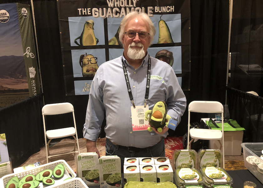  James Fountain, produce salesman for the West region for Wholly Guacamole, a brand from MegaMex Foods, Orange, Calif., shares at GOPEX about the mashed and sliced avocado products his company is now offering. "Value-added didn't go down during the pandemic, for avocados," he said.