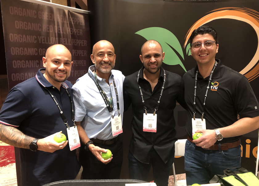  Nick Rodriguez Puentes of Logistics Dynamics (from left), Jorge Rodriguez Villamarin of Logistics Dynamics, Jonathan Najar of Gonzalez Quality Fruits & Vegetables and Arturo "AJ" Jimenez of Trufresh chat at GOPEX. Based in Nogales, Ariz., Trufresh is adding organic lemons to its program, Jimenez said. "Because of the trend of citrus and the high demand it has on the organic side, we're trying to offer everything our customers want," he said. The grower-owned company's organic brand is Llano, and its conventional brand is Malichita.