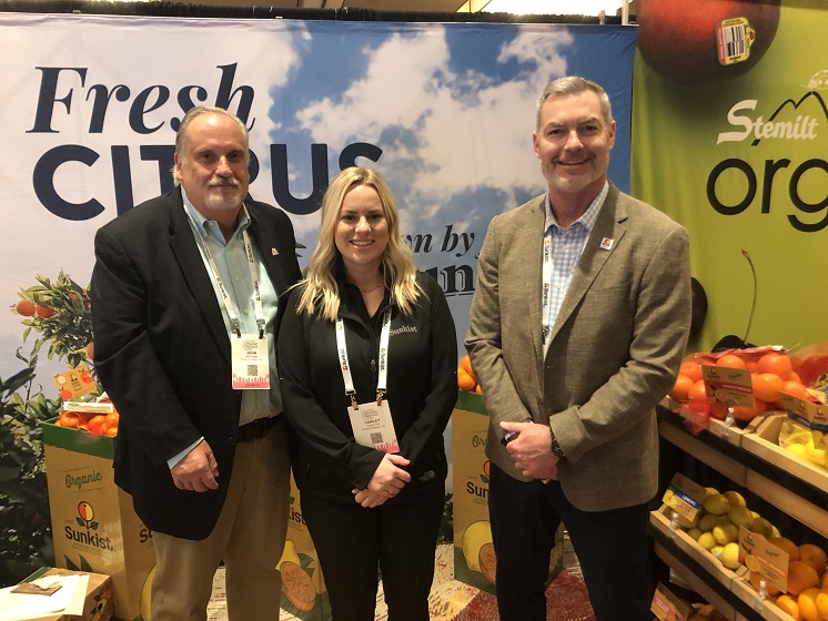 From left to right: John Slagel, regional director for Eastern operations at Sunkist Growers, with Carley Pratt, organic sales specialist, and Trent Bishop, vice president of sales and marketing at Sunkist Growers. Pratt said she is focused on growing Sunkist organic citrus sales.