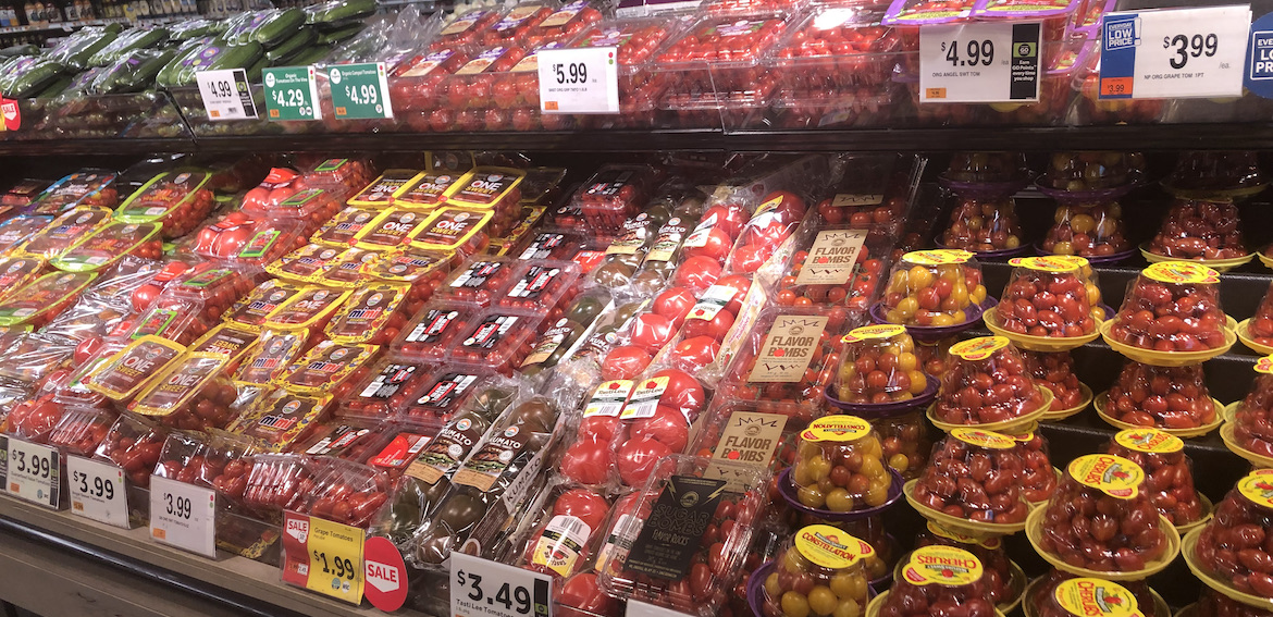  The snacking tomatoes section was piled high and plentiful.