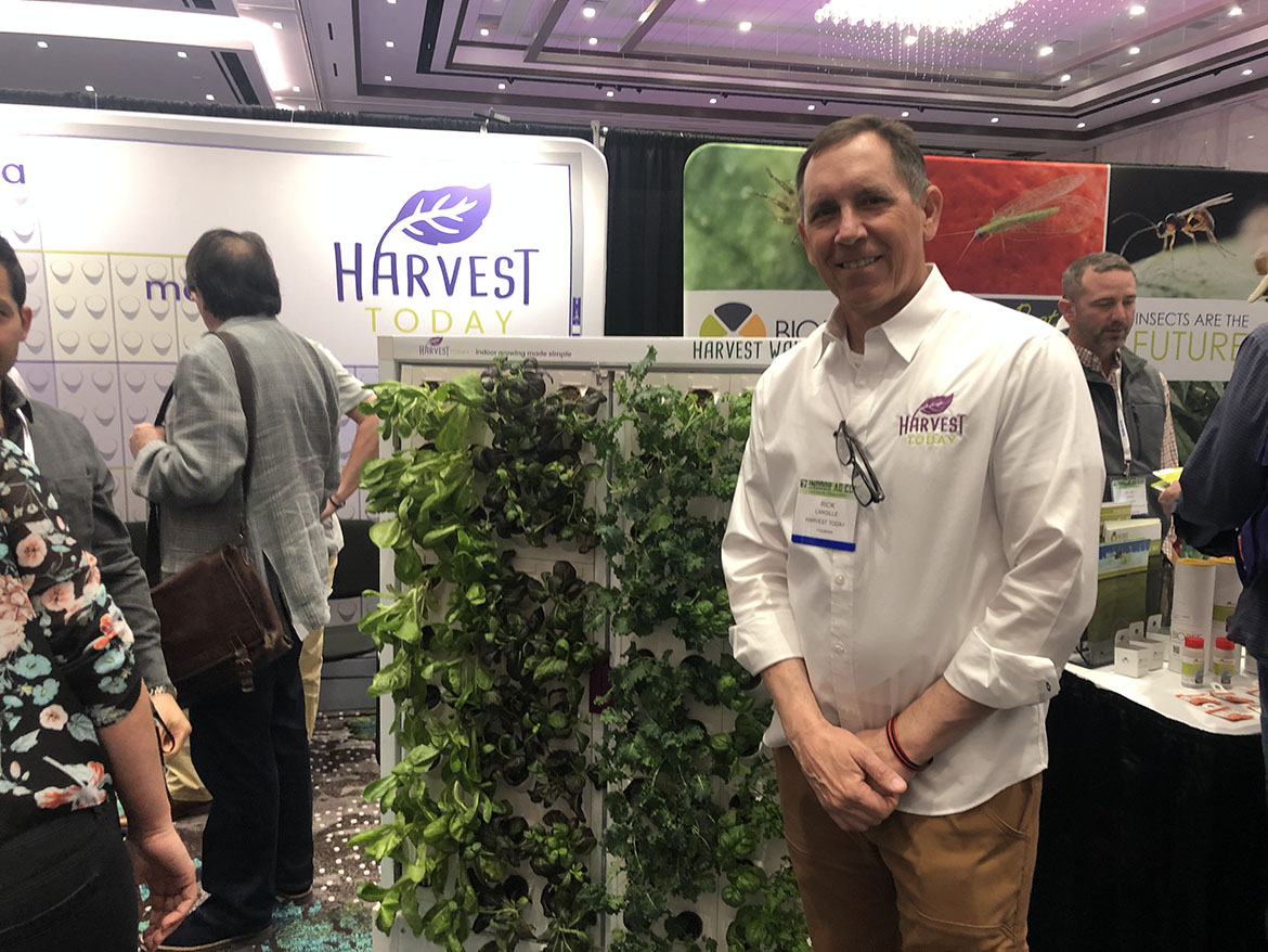  At the Harvest Today booth at Indoor Ag Con, CEO and Founder Rick Langille talked attendees through the Broomfield, Colo.-based company’s Harvest Wall growing system featuring Click N’ Lock tiles, a scalable design and an Integrated Vertigation system that waters every plant every time. The standalone growing system was recently adopted by De Luca’s specialty food stores in Winnipeg, Canada, said Langille, who added that the grocer plans to install multiple units, including one in its in-store deli.