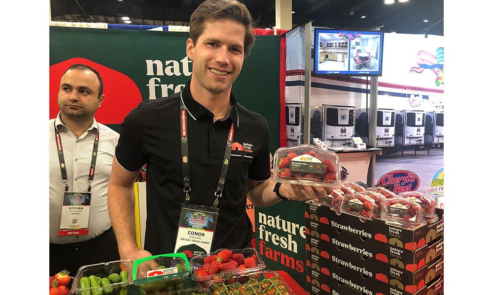  At Nature Fresh Farms, Conor Chivers talked about the Ontario, Canada-based greenhouse grower’s new branding and “state-of-the-art” strawberry facility. The company also showcased its tomatoes on the vine and mini cucumbers.

