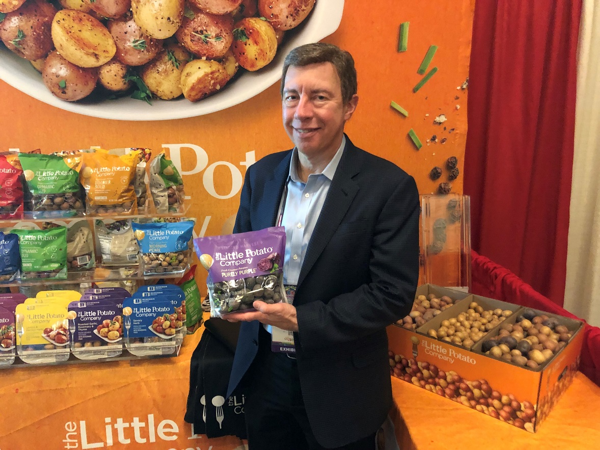  Brian Josephs, vice president of retail sales for The Little Potato Company, DeForest, Wis., said the company's purple potatoes, displayed in a 1.5-pound pack in the picture, retain their color after they are cooked. The company has a limited volume of the variety now, and is marketing the variety with only a couple of retail chains, Josephs said.
