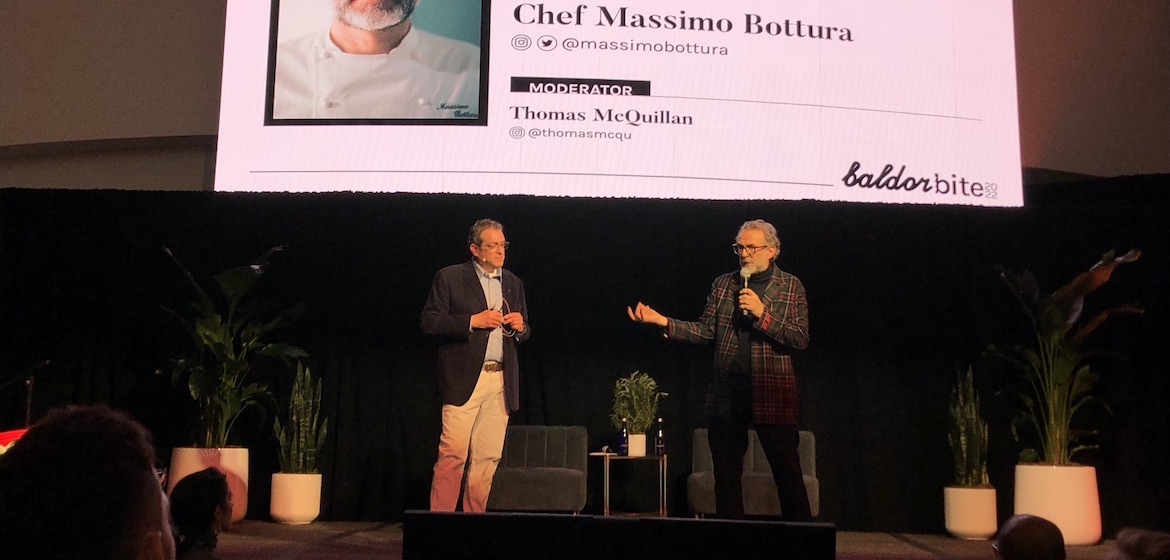  World-renowned Chef Massimo Bottura chats with session moderator Thomas McQuillan at 2022 Baldor Bite.