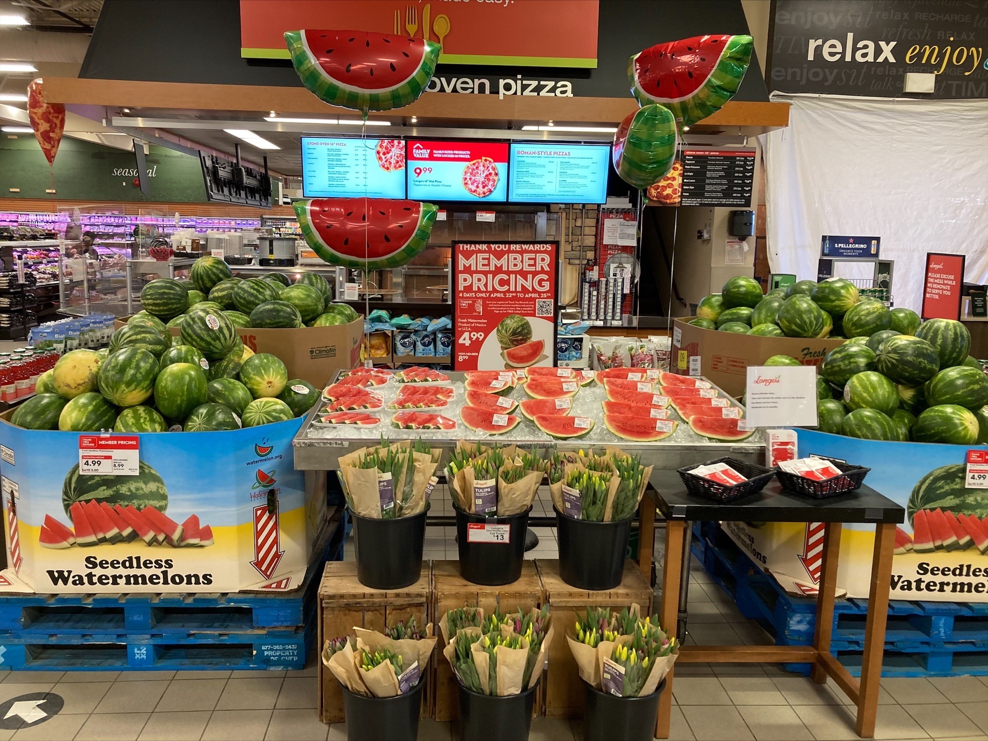  We do love a good, sweet watermelon. The colorful balloons add the right touch of whimsy. Ice keeps the fresh-cut melons crisp and cold, ensuring consumers can nom on the sweet melons the moment they get home. 