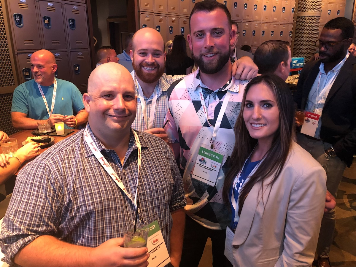  Attending the party are Bill Stofflett (from left), Colby Aaron, Nolan Dragon and Lauren Seigle of supply chain traceability solutions provider Tive, based in Boston. 