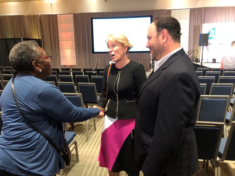  Betti Wiggins, Houston Independent School District, visits with IFPA CEO Cathy Burns and Andrew Marshall, IFPA’s Staff Liaison for wholesaler-distributor members, and lead staffer on engagement with the K–12 school nutrition community after a general session presentation by Robert Irvine, star of Food Network’s long-running "Restaurant Impossible" show waded into child nutrition issues.