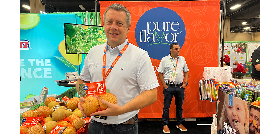  At the Pure Flavor booth, Chief Marketing Officer Chris Veillon spotlighted the Leamington, Ontario-based company’s greenhouse-grown Solara melons, which fit in the palm of one’s hand. The smaller melon translates to less food waste, said Veillon, adding that Solara melons are also the perfect size for a breakfast or acai bowl. As Solara melons are grown in greenhouses, they are consistent in both size and year-round supply. “The explosion of CEA [controlled environment agriculture] is a game changer,” said Veillon, who shared that Pure Flavor plans to launch another greenhouse-grown melon at IFPA’s Global Produce and Floral Show in Orlando. “The opportunities are endless in greenhouse,” he said. 