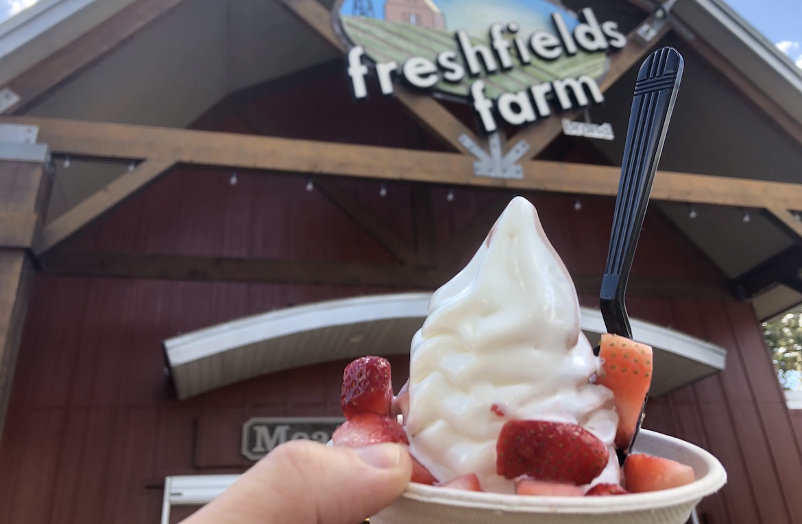 Fresh strawberries, as well as pineapple, blueberries and bananas, were available as a topping on soft-serve ice cream at Freshfields Farm.