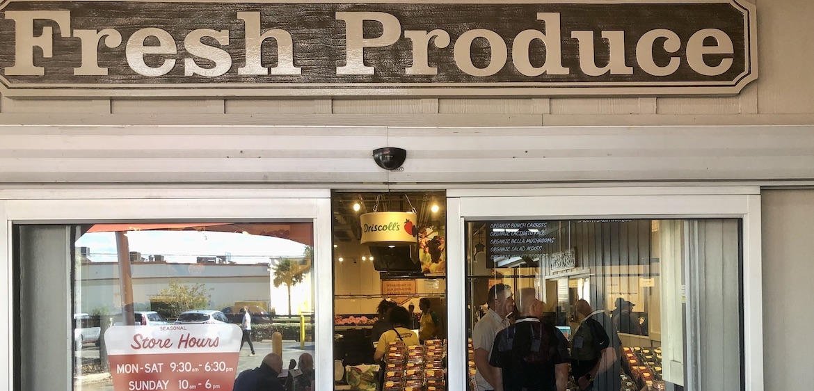  Freshfields Farm has separate entrances and checkout areas for the meat and produce departments. There is no center store area of shelf-stable food.