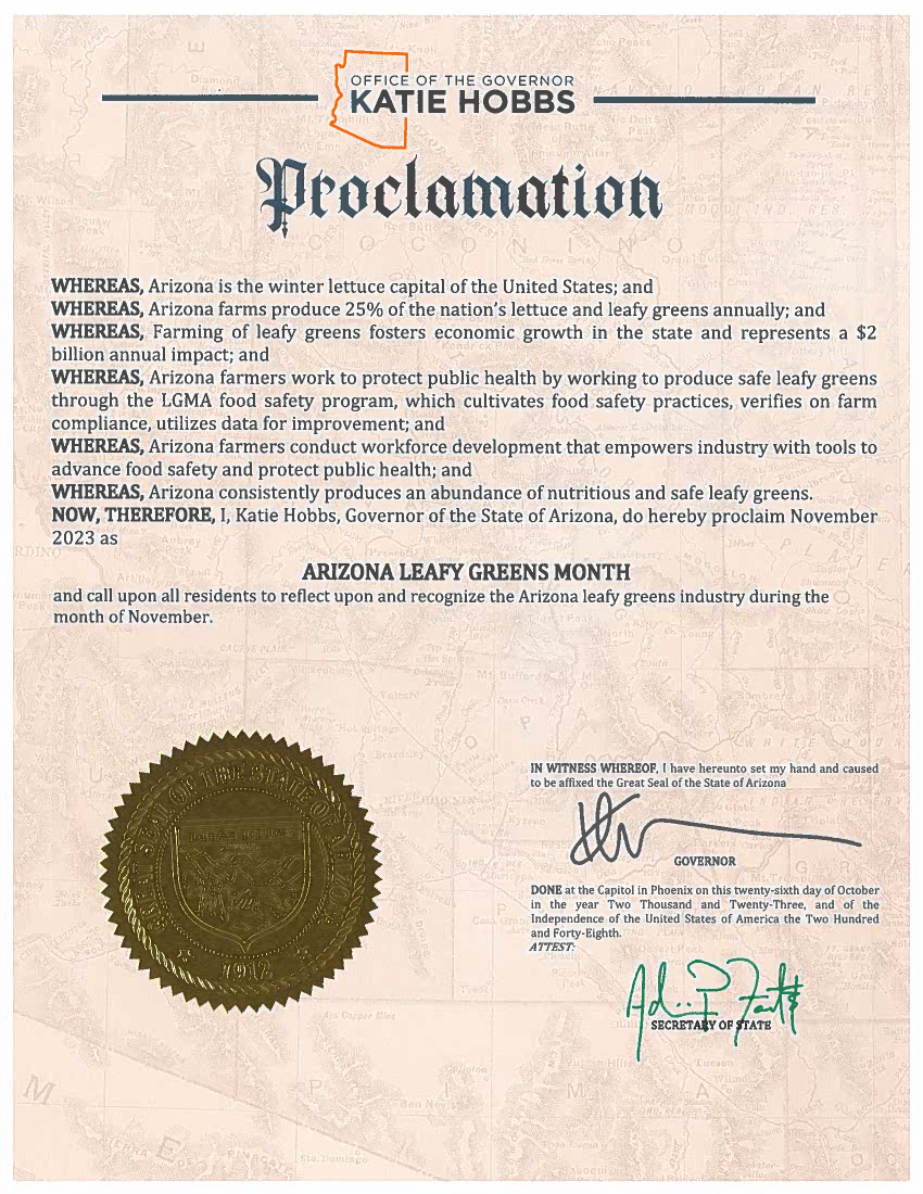 Arizona Leafy Greens Month Proclamation