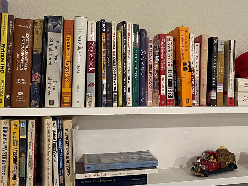 Two white shelves featuring a variety of books with their spins facing forward.