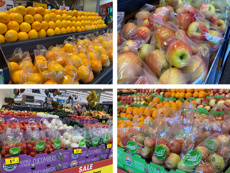 Four photos showing various produce presentations using totes.