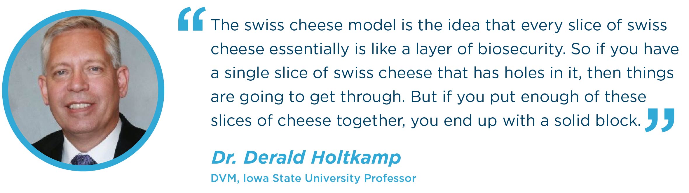 The swiss cheese model is the idea that every slice of swiss cheese essentially is like a layer of biosecurity. So if you have a single slice of swiss cheese that has holes in it, then things are going to get through. But if you put enough of these slices of cheese together, you end up with a solid block. Dr. Derald Holtkamp DVM, Iowa State University Professor