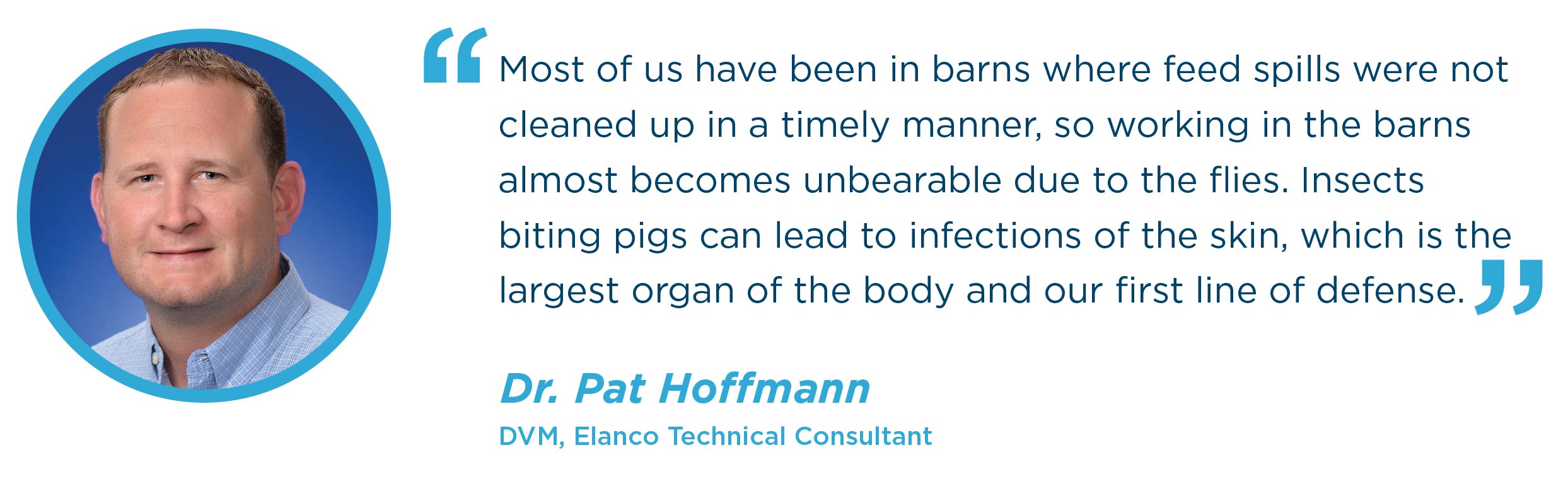 Most of us have been in barns where feed spills were not cleaned up in a timely manner, so working in the barns almost becomes unbearable due to the flies. Insects biting pigs can lead to infections of the skin, which is the largest organ of the body and our first line of defense. Dr. Pat Homann DVM, Elanco Technical Consultant