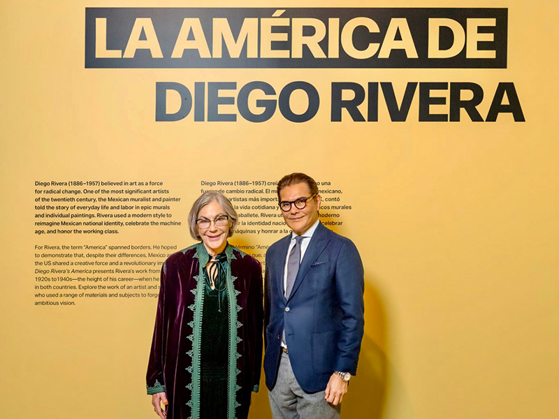 Shown are Alice Walton, founder of Crystal Bridges Museum of American Art, and Xavier Equihua, president and CEO of the Peruvian Avocado Commission, at the opening of Diego Rivera’s America exhibit in Bentonville, Ark.