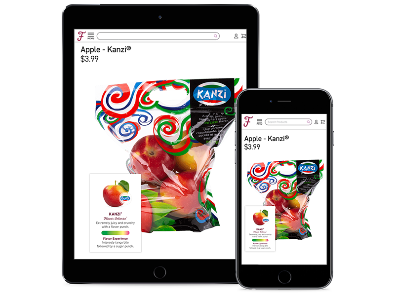 A photo illustration showing a bag of Kazni apples featured on the Flavogram website, as displayed on a smart tablet and on an adjacent smartphone.