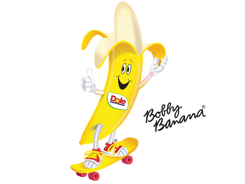 A cartoon banana mascot riding a skateboard