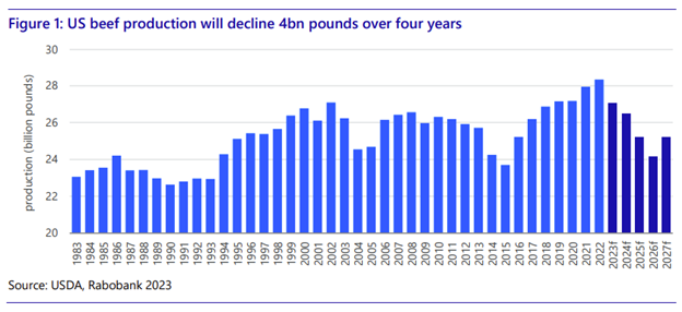 Figure 1. U.S. beef production will decline 4bn pounds over four years