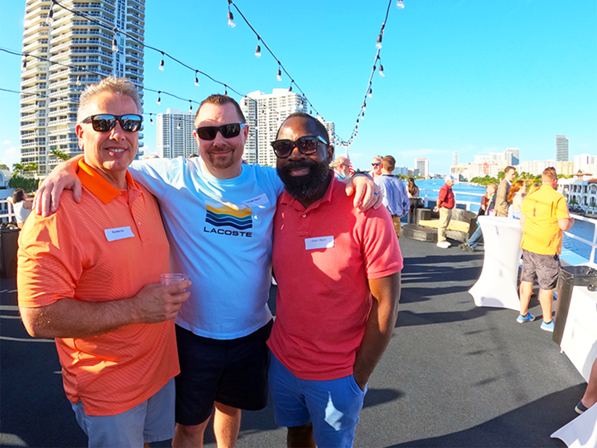From left, Mike Weaver, Dayka and Hackett; Josh Hardester and Anthony Chanka, Giant Food enjoy Miami’s Intercoastal Waterway during GOPEX 2023’s yacht tour.