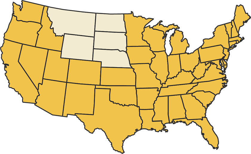 map of the U.S. with all but 5 states highlighted