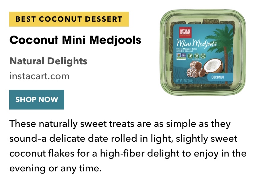 Prevention magazine clip for Natural Delights Coconut Mini Medjool dates