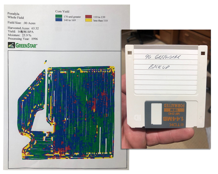 Steve Pitstick started collecting data on his farm in 1996. Stored on a disk, this was one of the first maps he produced.