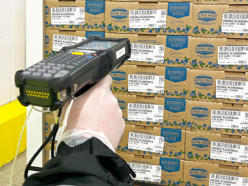 A hand holding a scanning gun pointed toward boxes with labels