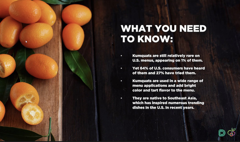 kumquats on a board with facts