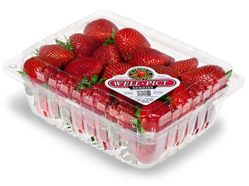 A clear, 2-pound clamsell package of strawberries, with the Well-Pict logo on it.