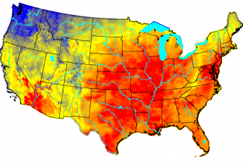 The USDA's cattle heat-stress forecast shows much of the eastern and central states under risk of dangerous to emergency heat stress as this week progresses.