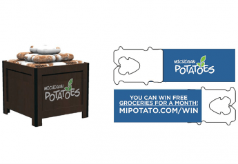 Michigan promoting potatoes with branded display bins, Kwik Lok tags