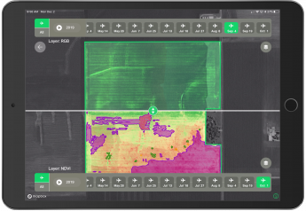 The high-resolution images displayed in the AgMRI platform provide a row by row and plant by plant view. The newest feature to AgMRI is Compare View, which allows for side-by-side comparisons of field images gathered through the season. 