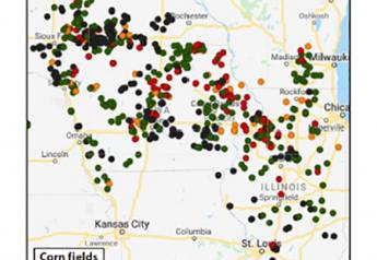 Areas with orange and red symbols indicate increased beetle activity and more rootworm damage the following year.