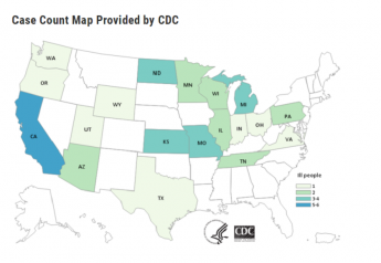 Map of illness of E. Coli  O157:H7 infections in the fall of 2020.  Federal health officials determined the outbreak was linked to leafy greens., but no specific type was identified.
