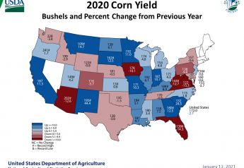 A map of month-to-month change in corn yield estimates shows a sharp drop in the Iowa crop.