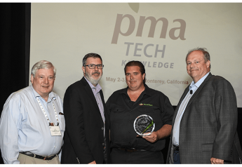 PlantTape received the 2018 PMA Science & Technology Circle of Excellence award. Jeff Antle of PlantTape (center right), receives the award, presented by Bob Whitaker of PMA (right), Andy Kennedy of FoodLogiQ (center left) and Jim Brennan of SmartWash Solutions.