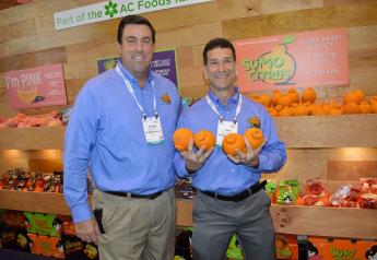 Darren Filkins, CEO of AC Operations, Bakersfield, Calif., and Tom Ryan, business development for Suntreat, a  division of AC Foods, show off Sumo citrus grown in Australia at Fresh Sumit.
