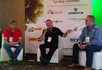 John Pandol (from left) of Pandol Bros., Gary Bird, retired senior produce buyer for Winco Foods LLC., and Miky Suarez of MAS Melons & Grapes, discuss retail trends and how they affect the grape category at the 2019 Sonora Spring Grape Summit in Tubac, Ariz.