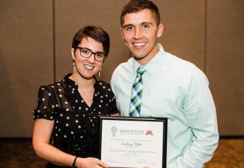 University of Minnesota veterinary professor Perle Zhitnitskiy, DVM, MSpVM, congratulates Morrison Swine Innovator Prize winner Zack Talbert, a University of Illinois veterinary student, in 2019. Talbert took home the prize again in 2020 and was honored virtually during the online conference.