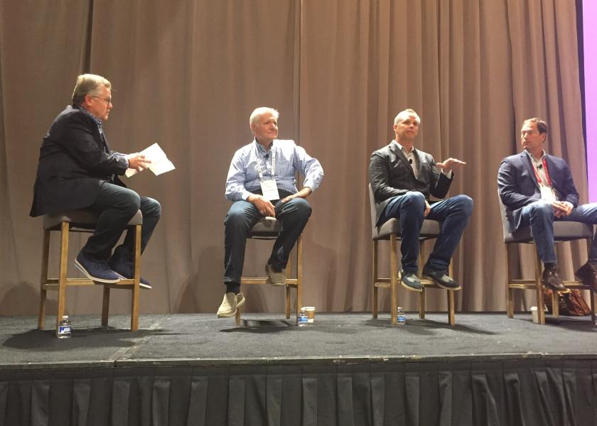 Dan Bourgault (second from right) said if Instacart product isn’t making cooking more convenient for consumers, it fails. He was part of a panel on e-commerce at the Organic Produce Summit. Morning News Beat’s Kevin Coupe moderated (from left) and was joined by Tony Stallone of Peapod; Bourgault; and Don Barnett of Sun Basket.