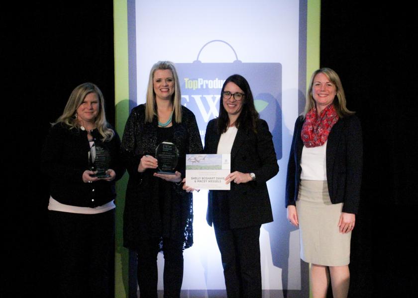 Macey Wessels (far left) and Shelly Boshart Davis are the 2020 Executive Women in Agriculture Trailblazer Award winners. Corteva Agriscience's Monica Sorribas and Top Producer Editor Sara Schafer congratulate them at the 2020 Top Producer Summit.