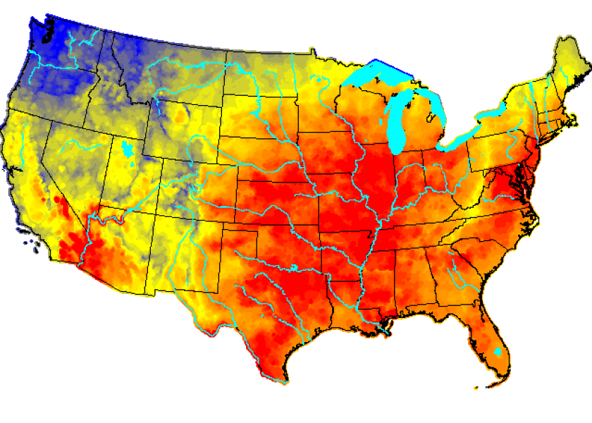 The USDA's cattle heat-stress forecast shows much of the eastern and central states under risk of dangerous to emergency heat stress as this week progresses.