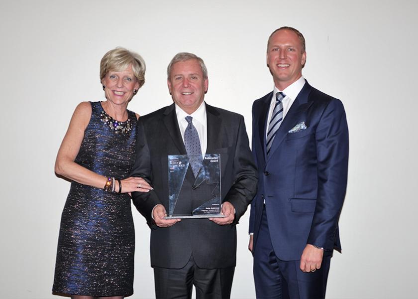Oppy chairman, president and CEO John Anderson is flanked by his wife Jo-Anne and son Ryan at the March 1 gala event in Toronto where Anderson accepted his Canada's Most Admired CEO award.