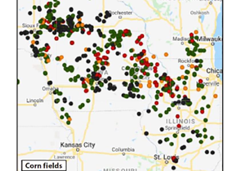 Areas with orange and red symbols indicate increased beetle activity and more rootworm damage the following year.