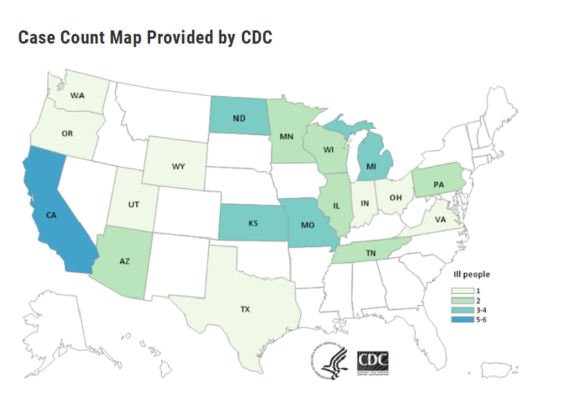 Map of illness of E. Coli  O157:H7 infections in the fall of 2020.  Federal health officials determined the outbreak was linked to leafy greens., but no specific type was identified.
