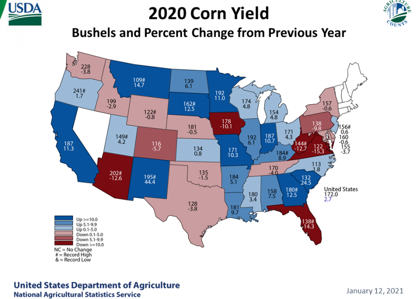A map of month-to-month change in corn yield estimates shows a sharp drop in the Iowa crop.
