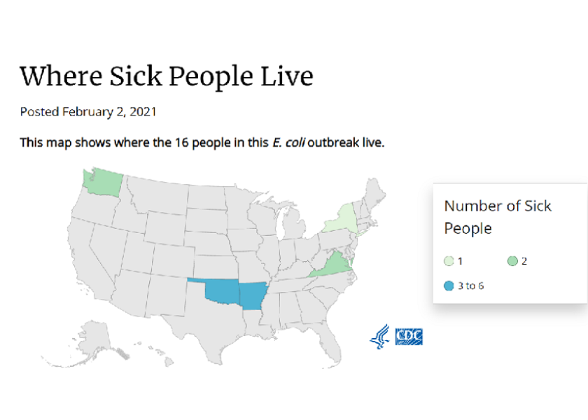 CDC map of E. coli infections, released Feb. 2