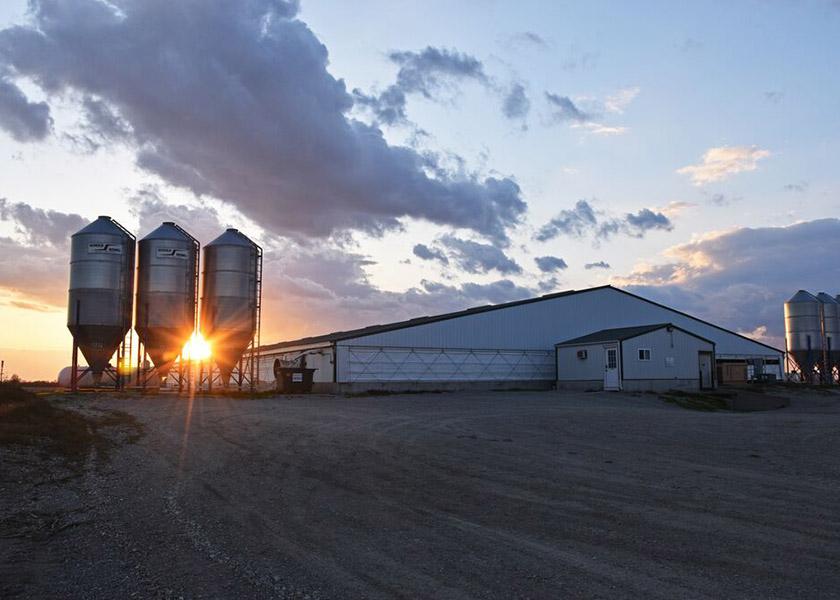 A hog barn at sunset.